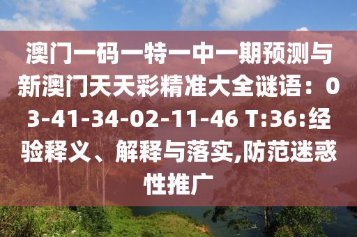 澳門(mén)一碼一特一中一期預(yù)測(cè)與新澳門(mén)天天彩精準(zhǔn)大全謎語(yǔ)：03-41-34-02-11-46 T:36:經(jīng)驗(yàn)釋義、解釋與落實(shí),防范迷惑性推廣金華市寶吉環(huán)境技術(shù)有限公司